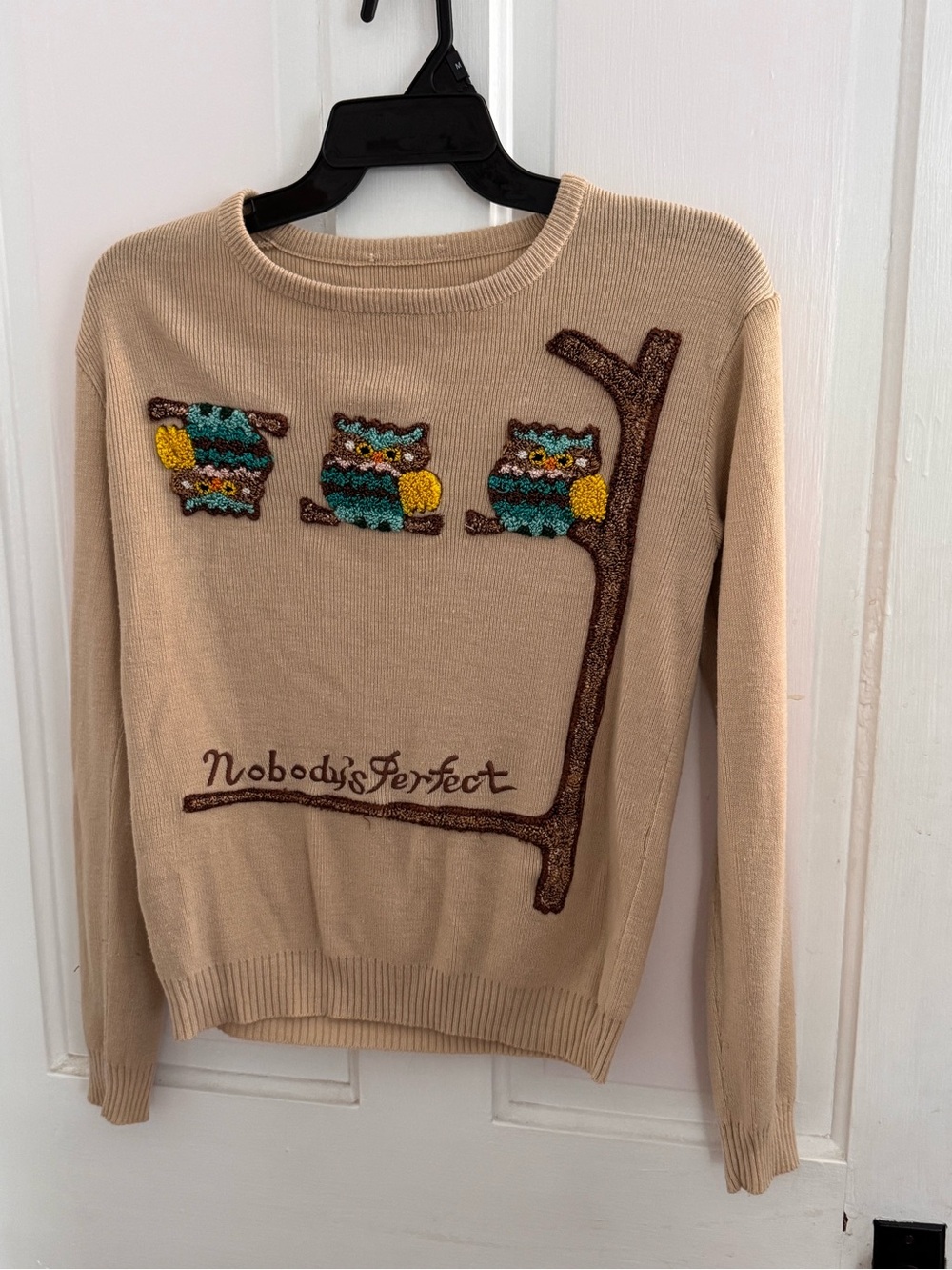 Vintage Nobody's Perfect Beige Owl Embroidered Sweater